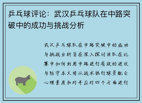 乒乓球评论：武汉乒乓球队在中路突破中的成功与挑战分析