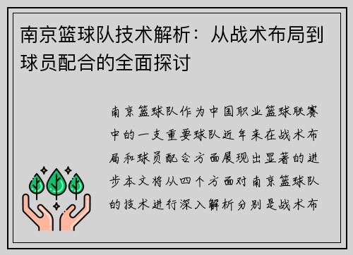 南京篮球队技术解析：从战术布局到球员配合的全面探讨